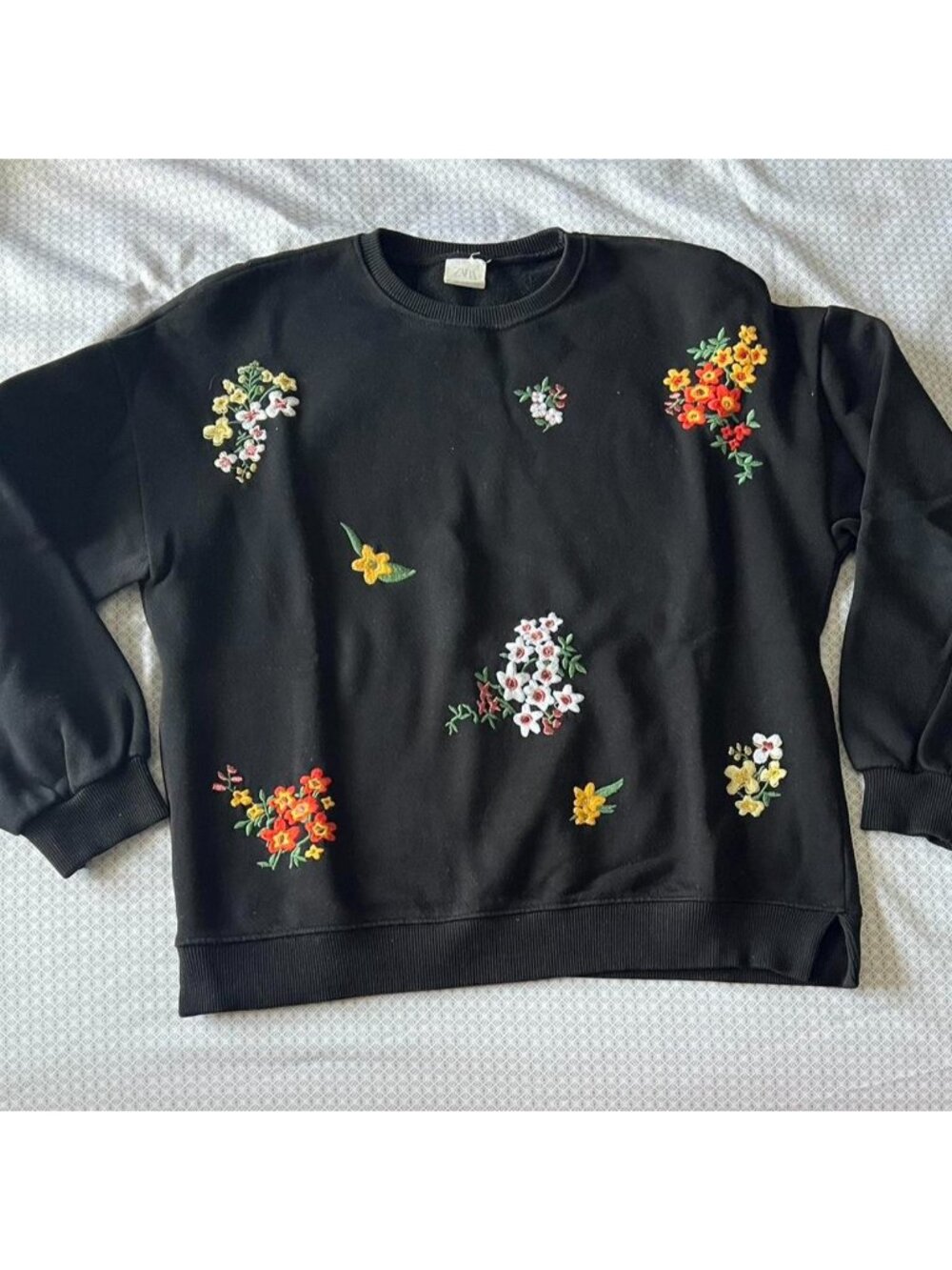 Zara Kids black crewneck sweatshirt with embroidered flowers